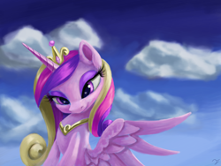Size: 4000x3000 | Tagged: safe, artist:flusanix, princess cadance, alicorn, pony, g4, cloud, female, heart eyes, mare, smiling, solo, spread wings, wingding eyes, wings