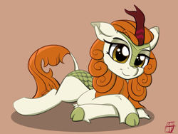 Size: 1500x1125 | Tagged: safe, artist:naen, autumn blaze, kirin, g4, awwtumn blaze, cute, female, lying down, simple background, simple shading, solo