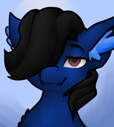 Size: 1176x1309 | Tagged: safe, artist:skyblazeart, oc, oc only, oc:union jack, earth pony, pony, black mane, blue background, blue fur, brown eyes, bust, chest fluff, ear fluff, gradient background, happy, male, request, simple background, solo, stallion