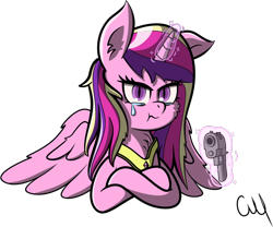 Size: 1114x925 | Tagged: artist needed, source needed, safe, princess cadance, alicorn, pony, g4, crying, gun, handgun, levitation, looking at you, magic, pistol, simple background, slit pupils, solo, teary eyes, telekinesis, transparent background