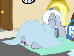 Size: 2000x1500 | Tagged: safe, alternate version, artist:nitei, derpy hooves, pegasus, pony, g4, bed, blanket, clock, crouching, cute, diaper, diaper fetish, dresser, face down ass up, fetish, hiding, lamp, laundry, laundry basket, non-baby in diaper, open mouth, pillow, poofy diaper, show accurate, silly, silly pony, smiling, solo