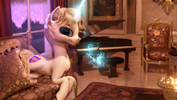 Size: 3840x2160 | Tagged: safe, artist:etherium-apex, oc, oc only, oc:rosin bow, pony, unicorn, 3d, blender, blender eevee, high res, magic, male, musical instrument, piano, solo, stallion, telekinesis
