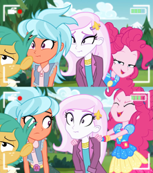 Size: 1357x1531 | Tagged: safe, screencap, fleur-de-lis, frosty orange, pinkie pie, snails, equestria girls, equestria girls series, five lines you need to stand in, g4, spoiler:eqg series (season 2), bathroom line, camera shot, desperation, female, fetish fuel, male, need to pee, omorashi, pinkie being pinkie, potty dance, potty emergency, potty time
