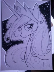 Size: 720x960 | Tagged: safe, artist:andres ponce, princess celestia, alicorn, pony, g4, bust, lineart, monochrome, portrait, solo, traditional art