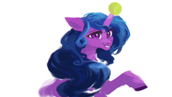 Size: 1920x1080 | Tagged: safe, artist:hierozaki, izzy moonbow, pony, unicorn, g5, ball, bust, female, horn, horn guard, horn impalement, hornball, izzy's tennis ball, looking at you, raised hoof, simple background, smiling, smiling at you, solo, tennis ball, white background