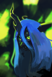 Size: 1500x2200 | Tagged: safe, artist:hierozaki, queen chrysalis, changeling, changeling queen, g4, bust, digital painting, female, mare, open mouth, portrait, solo