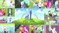 Size: 1280x721 | Tagged: safe, edit, edited screencap, editor:quoterific, screencap, bulk biceps, pinkie pie, rainbow dash, rarity, sunset shimmer, trixie, human, equestria girls, g4, my little pony equestria girls: choose your own ending, sock it to me, sock it to me: bulk biceps, sock it to me: rarity, sock it to me: trixie, clothes, crossed arms, duo, duo female, female, football, geode of empathy, geode of shielding, geode of sugar bombs, glasses, hallway, hand on mouth, hands behind back, jewelry, lockers, magical geodes, male, necklace, nose in the air, open mouth, rarity's glasses, running, shoes, sitting, soccer field, soccer shoes, sock, socks, stinky socks, teeth, trio, trio female, vomit, vomiting