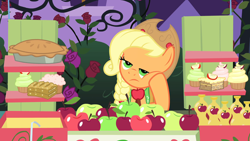 Size: 1920x1080 | Tagged: safe, screencap, applejack, earth pony, pony, g4, the best night ever, apple, clothes, cupcake, dress, drink, female, flower, food, fritter, gala dress, grand galloping gala, green eyes, hat, juice, mare, orange fur, pie, solo, squishy cheeks, unamused