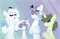 Size: 1400x905 | Tagged: safe, artist:sugarysharky, oc, oc only, oc:dewdrop, oc:eclair, oc:eliaser, oc:lapis, dracony, hybrid, eye clipping through hair, eyes closed, height difference, interdimensional siblings, interspecies offspring, offspring, parent:rarity, parent:spike, parents:sparity, siblings