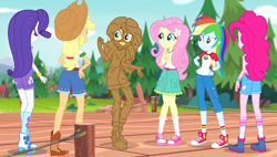Size: 996x566 | Tagged: safe, artist:amateur-draw, edit, edited screencap, screencap, applejack, fluttershy, pinkie pie, rainbow dash, rarity, sunset shimmer, human, equestria girls, equestria girls series, g4, legend of everfree, clothes, converse, covered in mud, female, humane five, mud, mud edit, mud play, muddy, shoes, show accurate