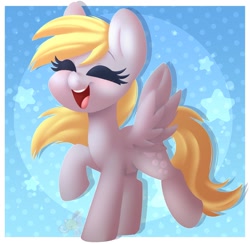 Size: 2361x2307 | Tagged: safe, artist:sakukitty, derpy hooves, pegasus, pony, g4, blushing, cute, derpabetes, eyes closed, female, high res, mare, open mouth, raised hoof, smiling, solo, spread wings, wings