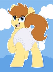 Size: 2943x4000 | Tagged: safe, artist:duckie, oc, oc only, oc:techymagic, earth pony, pony, abdl, abstract background, adult diaper, adult foal, diaper, diaper butt, diaper fetish, eye clipping through hair, eyebrows, eyebrows visible through hair, fetish, looking at you, looking back, looking back at you, male, non-baby in diaper, poofy diaper, raised hoof, rear view, solo