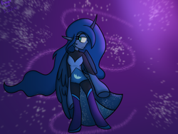 Size: 2048x1536 | Tagged: safe, artist:revenge.cats, princess luna, human, g4, alternate universe, cape, clothes, curved horn, flowing mane, horn, humanized, solo, wings