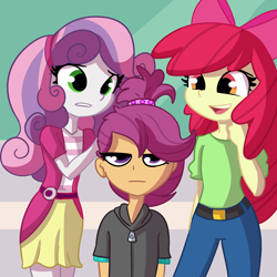 Size: 3000x3000 | Tagged: safe, artist:tjpones, apple bloom, scootaloo, sweetie belle, equestria girls, g4, apple bloom's bow, bad hair, bad hair day, bow, cutie mark crusaders, female, hair bow, hair styling, hairpin, high res, scootaloo is not amused, tomboy, trio, unamused, varying degrees of want