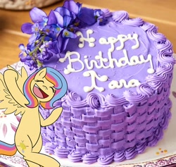 Size: 1000x946 | Tagged: safe, oc, oc:golden gates, cake, food, happy birthday, tara strong