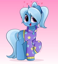 Size: 3714x4096 | Tagged: safe, artist:kittyrosie, trixie, pony, unicorn, g4, alternate hairstyle, alternate universe, babysitter trixie, blushing, clothes, cute, diatrixes, female, gradient background, heart, high res, hoodie, horn, looking at you, mare, open mouth, open smile, pigtails, raised hoof, smiling, smiling at you, solo