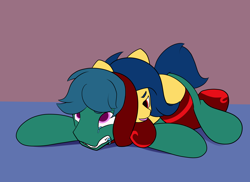 Size: 3142x2286 | Tagged: safe, artist:einboph, oc, oc only, oc:soft step, pony, clothes, drool, female, high res, male, mare, sleeper hold, socks, sports, squeezing, stallion, thigh highs, wrestling