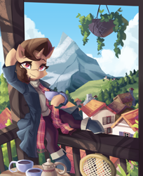 Size: 3260x4000 | Tagged: safe, artist:saxopi, oc, oc only, oc:buttercup shake, pony, unicorn, clothes, cup, house, looking at you, mountain, pants, scarf, scenery, sitting, solo, table, teacup