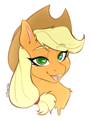 Size: 1540x2068 | Tagged: safe, artist:holomouse, applejack, earth pony, pony, g4, bust, chest fluff, colored pupils, cowboy hat, ear fluff, female, hat, looking at you, mare, open mouth, portrait, simple background, solo, white background