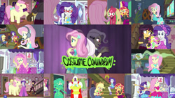 Size: 1280x721 | Tagged: safe, edit, edited screencap, editor:quoterific, screencap, applejack, bulk biceps, fluttershy, posey, rarity, sunset shimmer, bat pony, human, costume conundrum, costume conundrum: applejack, costume conundrum: sunset shimmer, equestria girls, equestria girls series, g4, spoiler:choose your own ending (season 2), spoiler:eqg series (season 2), applejack's hat, boots, clothes, costume, costume conundrum: rarity, cowboy boots, cowboy hat, cutie mark, cutie mark on clothes, denim skirt, eyes closed, female, gamershy, geode of empathy, geode of fauna, geode of shielding, geode of super strength, glasses, gritted teeth, hairpin, hat, headphones, headset, headset mic, high heels, jacket, jewelry, leather, leather jacket, magical geodes, male, measuring tape, necklace, open mouth, pantomime horse, pony costume, rarity peplum dress, rarity's bedroom (equestria girls), rarity's glasses, shoes, skirt, teeth, vampire shimmer