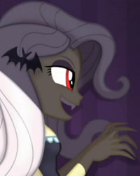 Size: 1920x2400 | Tagged: safe, screencap, fluttershy, costume conundrum, equestria girls, equestria girls series, g4, spoiler:eqg series (season 2), bat ponified, cropped, flutterbat, hairpin, red eyes, title card, vampire teeth