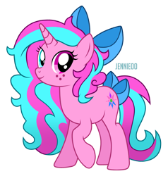 Size: 1141x1200 | Tagged: safe, artist:jennieoo, oc, oc only, oc:creative delight, pony, unicorn, freckles, happy, heterochromia, ribbon, show accurate, simple background, smiling, solo, transparent background