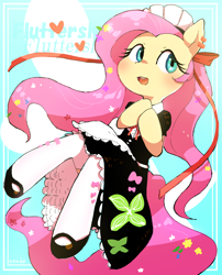 Size: 1284x1590 | Tagged: safe, artist:fuyugi, fluttershy, semi-anthro, abstract background, clothes, cute, female, flower, flower in hair, fluttermaid, heart, maid, maid headdress, open mouth, ribbon, shoes, shyabetes, socks, solo, stockings, thigh highs
