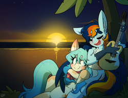 Size: 3300x2550 | Tagged: safe, artist:bbsartboutique, oc, oc:seascape, oc:skysail, earth pony, hippogriff, pony, beach, blushing, cute, female, guitar, high res, lei, male, musical instrument, palm tree, romantic, seasail, shipping, singing, sunset, tree