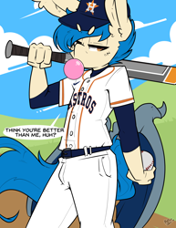 Size: 2550x3300 | Tagged: safe, artist:bbsartboutique, oc, oc only, oc:moonshot, bat pony, anthro, baseball, baseball bat, bubblegum, dialogue, food, gum, hater fuel, high res, houston astros, looking at you, male, solo, sports