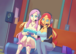 Size: 1760x1244 | Tagged: safe, artist:brother-tico, fluttershy, princess luna, sunset shimmer, equestria girls, g4, game stream, my little pony equestria girls: better together, arm around neck, big breasts, breasts, busty fluttershy, busty sunset shimmer, cleavage, clothes, controller, dress, duo, duo female, female, fluttershy boho dress, gamer sunset, gamershy, geode of empathy, geode of fauna, headset, huge breasts, magical geodes, sunset's apartment