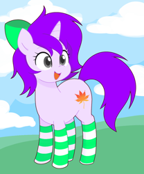 Size: 998x1200 | Tagged: safe, artist:ch-chau, oc, oc only, oc:mable syrup, pony, unicorn, blind, bow, clothes, cloud, grass, happy, leaf, purple hair, socks, solo, striped socks