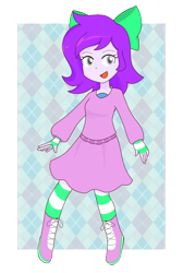 Size: 804x1200 | Tagged: safe, artist:ch-chau, oc, oc only, oc:mable syrup, human, equestria girls, g4, bow, clothes, deaf, dress, happy, humanized, platform boots, platform shoes, purple hair, simple background, socks, solo, striped socks, transparent background