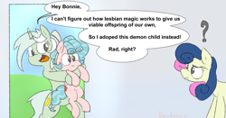 Size: 1733x908 | Tagged: safe, artist:davierocket, bon bon, cozy glow, lyra heartstrings, sweetie drops, earth pony, pegasus, pony, unicorn, g4, a better ending for cozy, adopted offspring, bear hug, bipedal, confused, doorway, female, holding a pony, hug, kidnapped, lesbian, parenting, question mark, ship:lyrabon, shipping, simple background, speech bubble, text