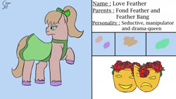 Size: 1280x720 | Tagged: safe, artist:schumette14, oc, oc:love feather, earth pony, pony, next generation, offspring, parent:feather bangs, parent:fond feather, parents:featherfond, parents:fondbangs