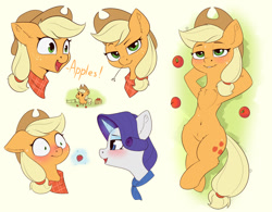 Size: 1632x1272 | Tagged: safe, artist:anti1mozg, applejack, rarity, earth pony, pony, unicorn, g4, apple, applebucking thighs, applejack's hat, bedroom eyes, belly button, blushing, chest fluff, chibi, cowboy hat, cute, female, floppy ears, food, freckles, hat, jackabetes, lesbian, lying down, magic, mare, neckerchief, nose wrinkle, on back, ship:rarijack, shipping, shrunken pupils, straw in mouth, strawberry, sweat, sweatdrop, telekinesis, that pony sure does love apples