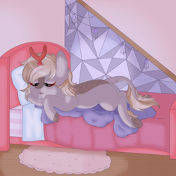 Size: 1000x1000 | Tagged: safe, artist:veincchi, oc, oc only, kirin, pony, accident, bed, bedroom, bedwetting, blanket, drool, eyes closed, female, indoors, kirin oc, pillow, sleeping, solo, urine, wet spot, wetting