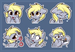 Size: 1268x882 | Tagged: safe, artist:anti1mozg, derpy hooves, pegasus, pony, g4, bust, concentrating, crying, cuffs, eyebrows, eyes closed, feather, female, flirting, floppy ears, happy, heart tongue, hoof hold, mare, mouth hold, open mouth, sad, screwdriver, shrunken pupils, startled, sticker pack, toaster, tongue out