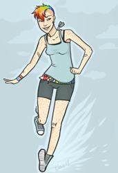 Size: 410x600 | Tagged: safe, artist:cloverweed, rainbow dash, human, g4, bandaid, belt, clothes, dog tags, ear piercing, earring, female, freckles, humanized, jewelry, piercing, shorts, solo, sports bra, tank top, undercut, wristband