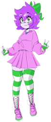Size: 812x1907 | Tagged: safe, artist:haichiroo, oc, oc only, oc:mable syrup, human, equestria girls, g4, bow, clothes, deaf, dress, humanized, peace sign, platform boots, platform shoes, purple hair, simple background, socks, solo, striped socks, transparent background