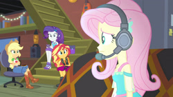 Size: 3410x1920 | Tagged: safe, screencap, applejack, fluttershy, rarity, sunset shimmer, costume conundrum, equestria girls, equestria girls series, g4, spoiler:eqg series (season 2), applejack's hat, boots, cellphone, clothes, cowboy boots, cowboy hat, crossed arms, cutie mark, cutie mark on clothes, denim skirt, female, gamershy, geode of empathy, geode of fauna, geode of shielding, geode of super strength, hairpin, hat, headphones, headset, headset mic, high heels, jacket, jewelry, leather, leather jacket, magical geodes, necklace, phone, rarity peplum dress, shoes, skirt, smartphone