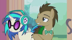 Size: 1920x1080 | Tagged: safe, screencap, dj pon-3, doctor whooves, time turner, vinyl scratch, earth pony, pony, unicorn, g4, slice of life (episode), female, headphones, male, mare, stallion