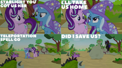 Size: 1280x720 | Tagged: safe, edit, edited screencap, editor:quoterific, screencap, pharynx, starlight glimmer, trixie, changeling, pony, unicorn, g4, to change a changeling, bag, cape, clothes, duo, duo female, eyes closed, female, flying, glowing horn, hat, horn, magic, magic aura, male, open mouth, purple changeling, teleportation, trixie's cape, trixie's hat
