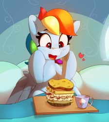 Size: 2813x3138 | Tagged: safe, artist:pabbley, rainbow dash, pegasus, pony, g4, bed, blushing, cute, dashabetes, female, food, happy, heart, high res, mare, pasta and potato sandwich on sourdough, pillow, rainbow dash's house, sandwich, smiling, solo, spread wings, tray, wings