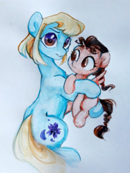 Size: 2157x2877 | Tagged: safe, artist:jewellier, oc, oc only, oc:july red pencil, earth pony, pegasus, pony, female, high res, hug, mother and child, mother and daughter, oda 997, simple background, traditional art