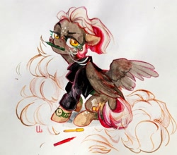 Size: 2476x2183 | Tagged: safe, artist:jewellier, oc, oc only, oc:ciamon, pegasus, pony, clothes, high res, jacket, leather jacket, oda 997, simple background, traditional art