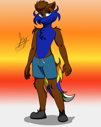 Size: 1200x1500 | Tagged: safe, artist:jay_wackal, oc, oc only, oc:rubik, anthro, clothes, male, original character do not steal, pants, partial nudity, solo, topless