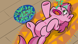 Size: 1920x1080 | Tagged: safe, artist:dinkyuniverse, ruby pinch, pony, unicorn, g4, aura, bowl, cute, eating, female, filly, floor, food, fruit, grapes, herbivore, hooves, lazy, living room, lying, lying down, lying on the ground, magic, open mouth, pinchybetes, raised hoof, raised leg, raised tail, rug, snack, tail, telekinesis, that pony sure does love grapes, tongue out, underhoof, wooden floor