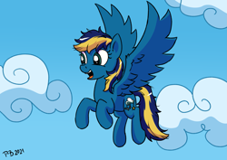 Size: 2631x1860 | Tagged: safe, artist:pony-berserker, oc, oc only, oc:skystriker, pegasus, pony, cloud, female, flying, mare, open mouth, smiling, solo, spread wings, wings