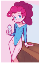 Size: 720x1120 | Tagged: safe, artist:drantyno, pinkie pie, human, equestria girls, g4, clothes, drink, high-cut clothing, hips, leaning, legs, leotard, ponytail, solo
