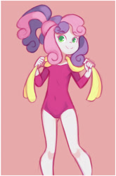 Size: 1040x1580 | Tagged: safe, artist:drantyno, sweetie belle, human, equestria girls, g4, clothes, cute, diasweetes, legs, leotard, ponytail, smiling, solo, towel